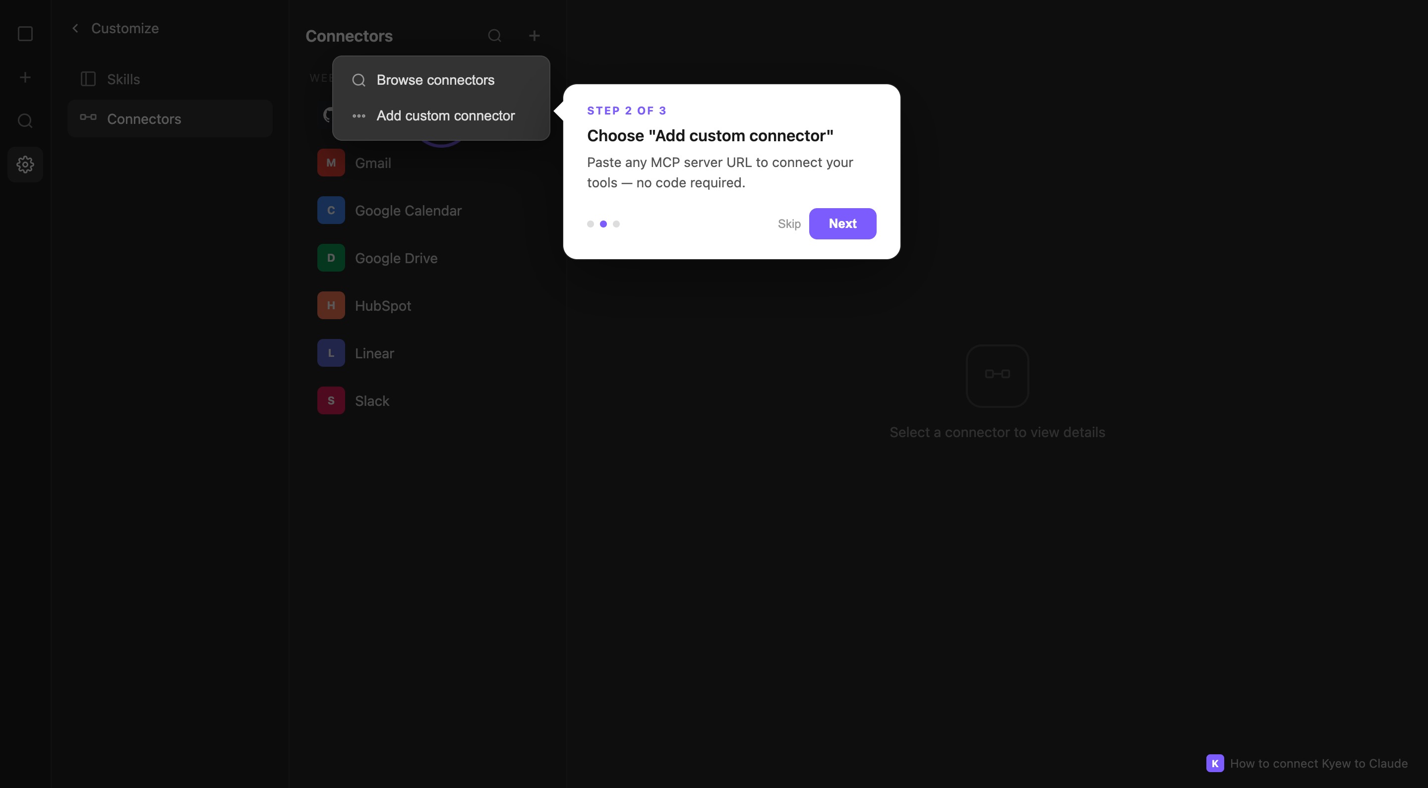 Dropdown showing Browse connectors and Add custom connector options with a guided tour showing Step 2 of 3
