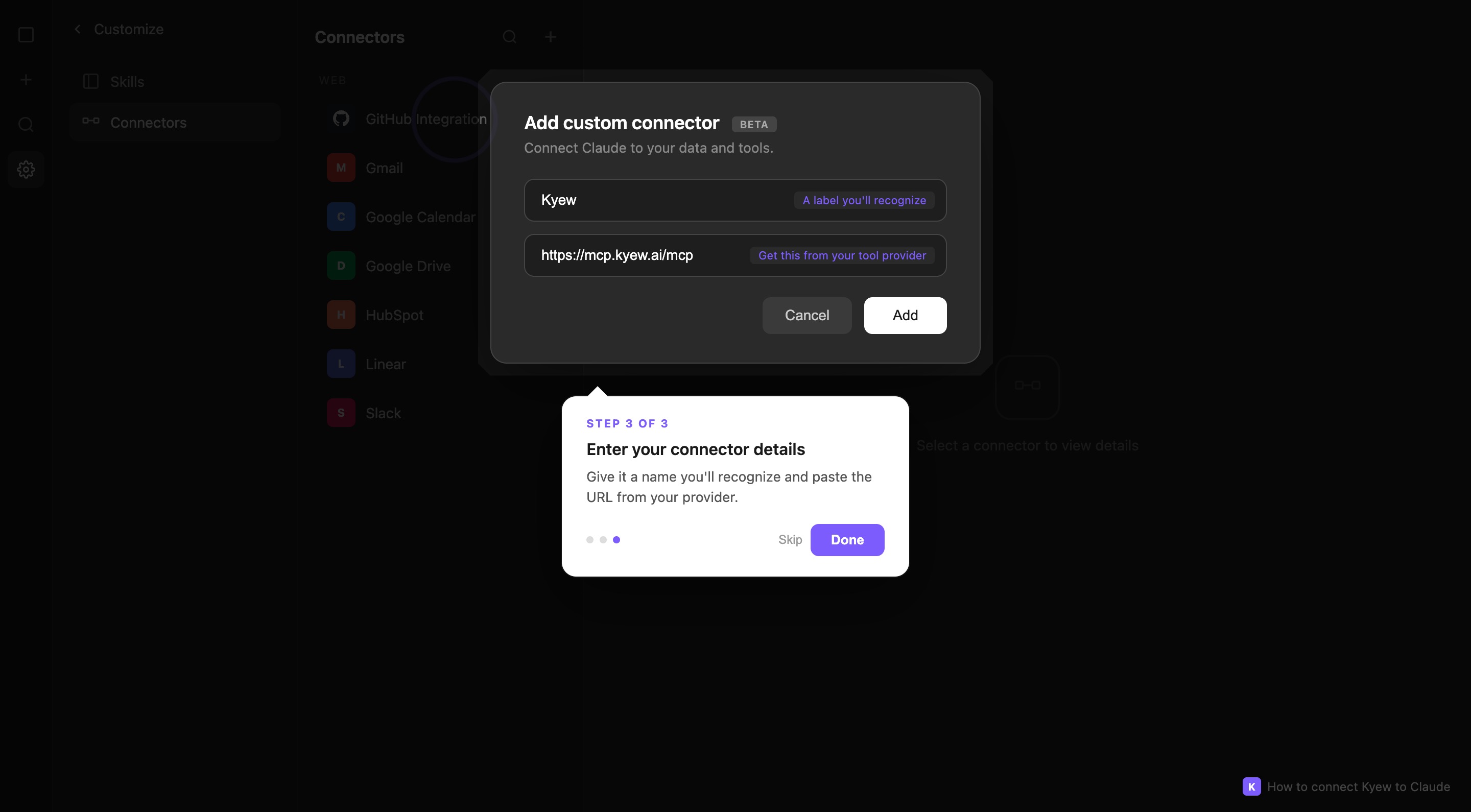 Add custom connector dialog with name set to Kyew and URL set to https://mcp.kyew.ai/mcp